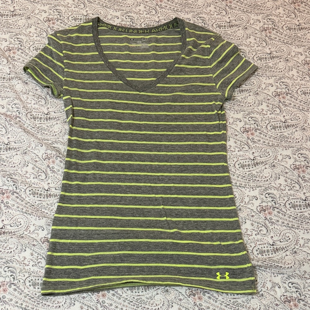 Under Armour Women's Gray & Neon Yellow Striped V-Neck Tee